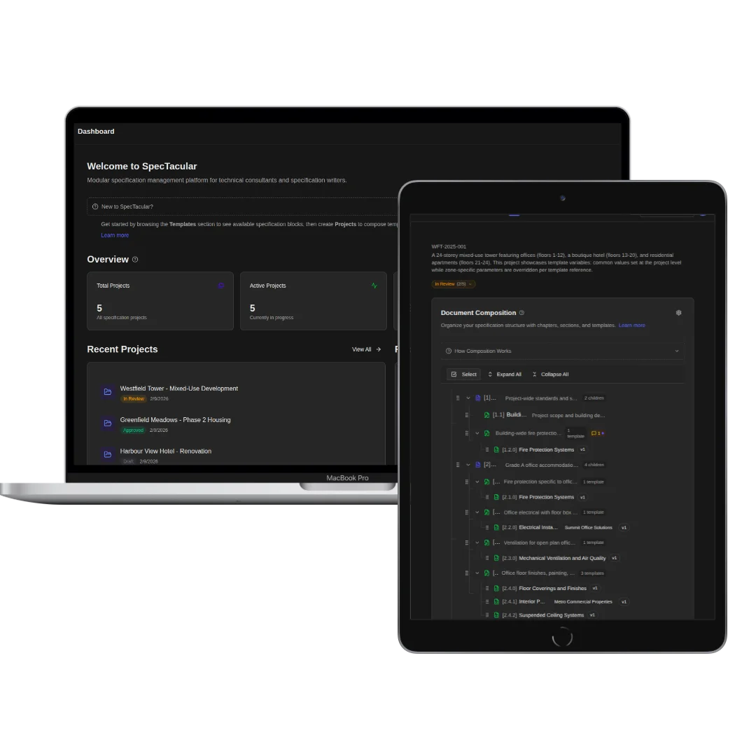 SpecTacular document composition platform showing template library and project management